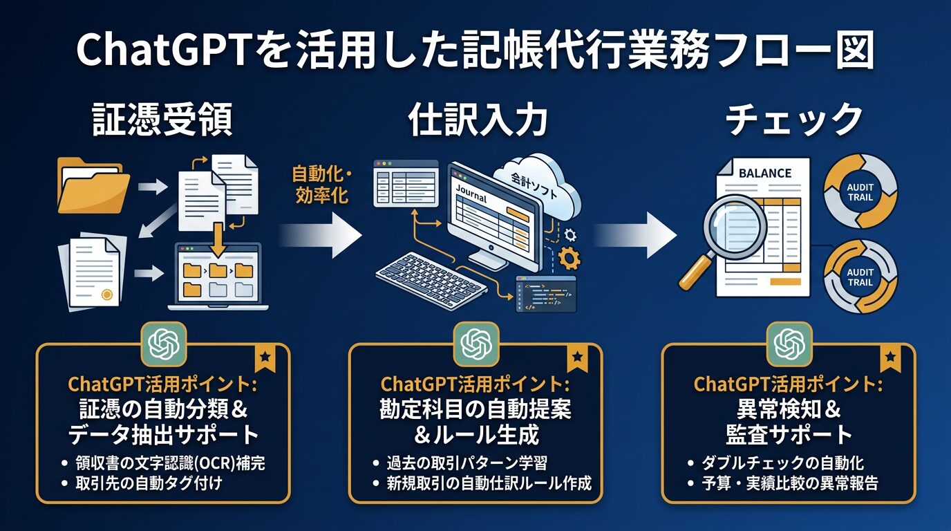 記帳代行の作業フローを示すフロー図。「証憑受領→仕訳入力→チェック」の各段階でChatGPTを活用するポイントをマーク