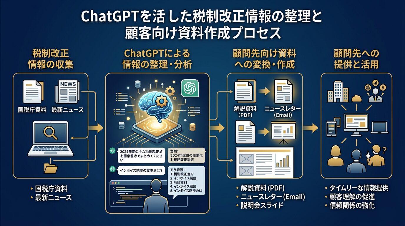 税制改正情報をChatGPTで整理し、顧問先向け解説資料に変換するプロセスを示す図解