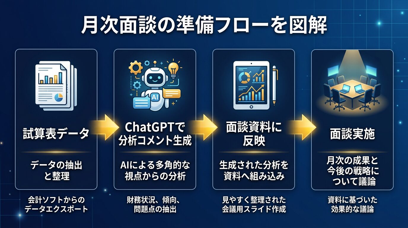 月次面談の準備フローを図解。試算表データ→ChatGPTで分析コメント生成→面談資料に反映→面談実施のステップ