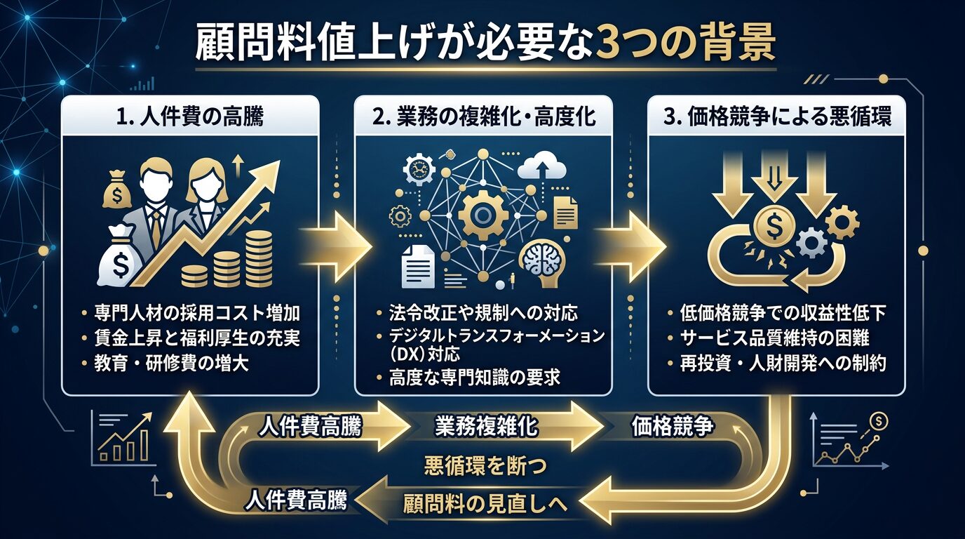 顧問料値上げが必要な3つの背景を示す図解。人件費高騰・業務複雑化・価格競争の悪循環を矢印で表現