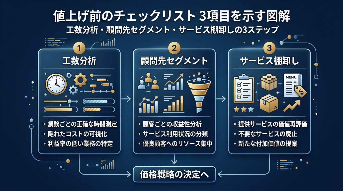 値上げ前のチェックリスト3項目を示す図解。工数分析・顧問先セグメント・サービス棚卸しの3ステップ