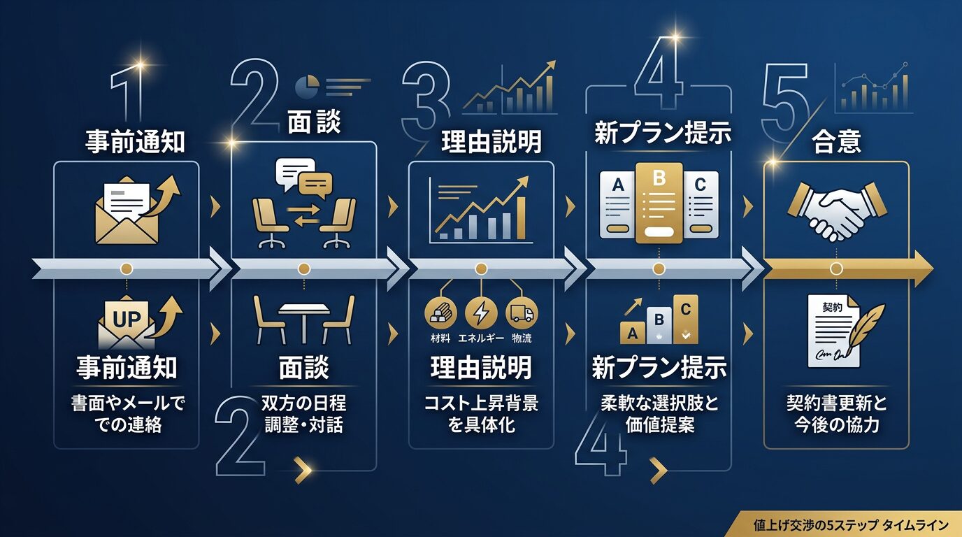 値上げ交渉の5ステップをタイムライン形式で示す図解。事前通知→面談→理由説明→新プラン提示→合意のフロー