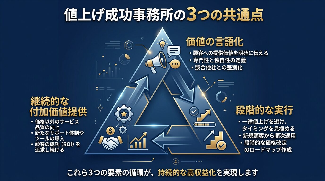 値上げ成功事務所の3つの共通点を示す図解。価値の言語化・段階的な実行・継続的な付加価値提供を三角形で表現