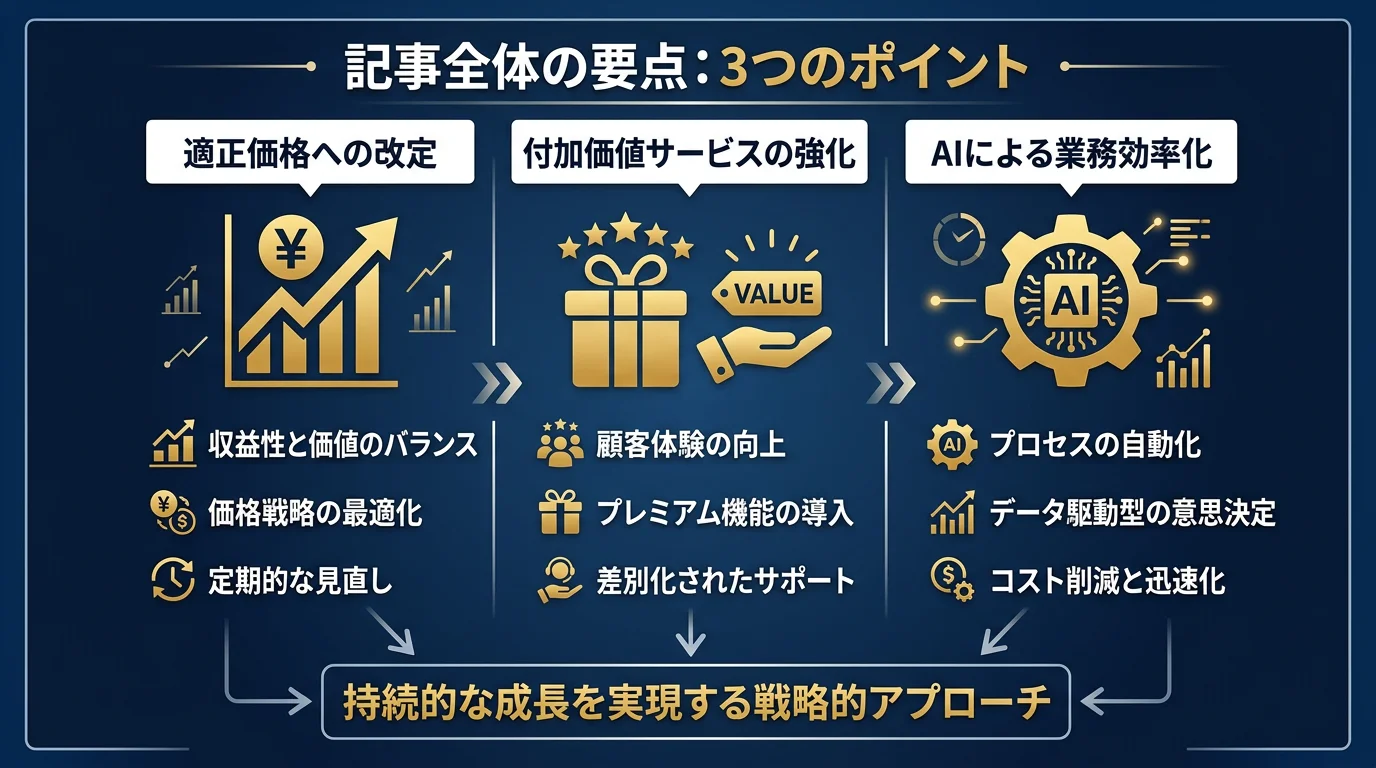 記事全体の要点を3つのポイントにまとめた図解。適正価格への改定・付加価値サービスの強化・AIによる業務効率化の3本柱