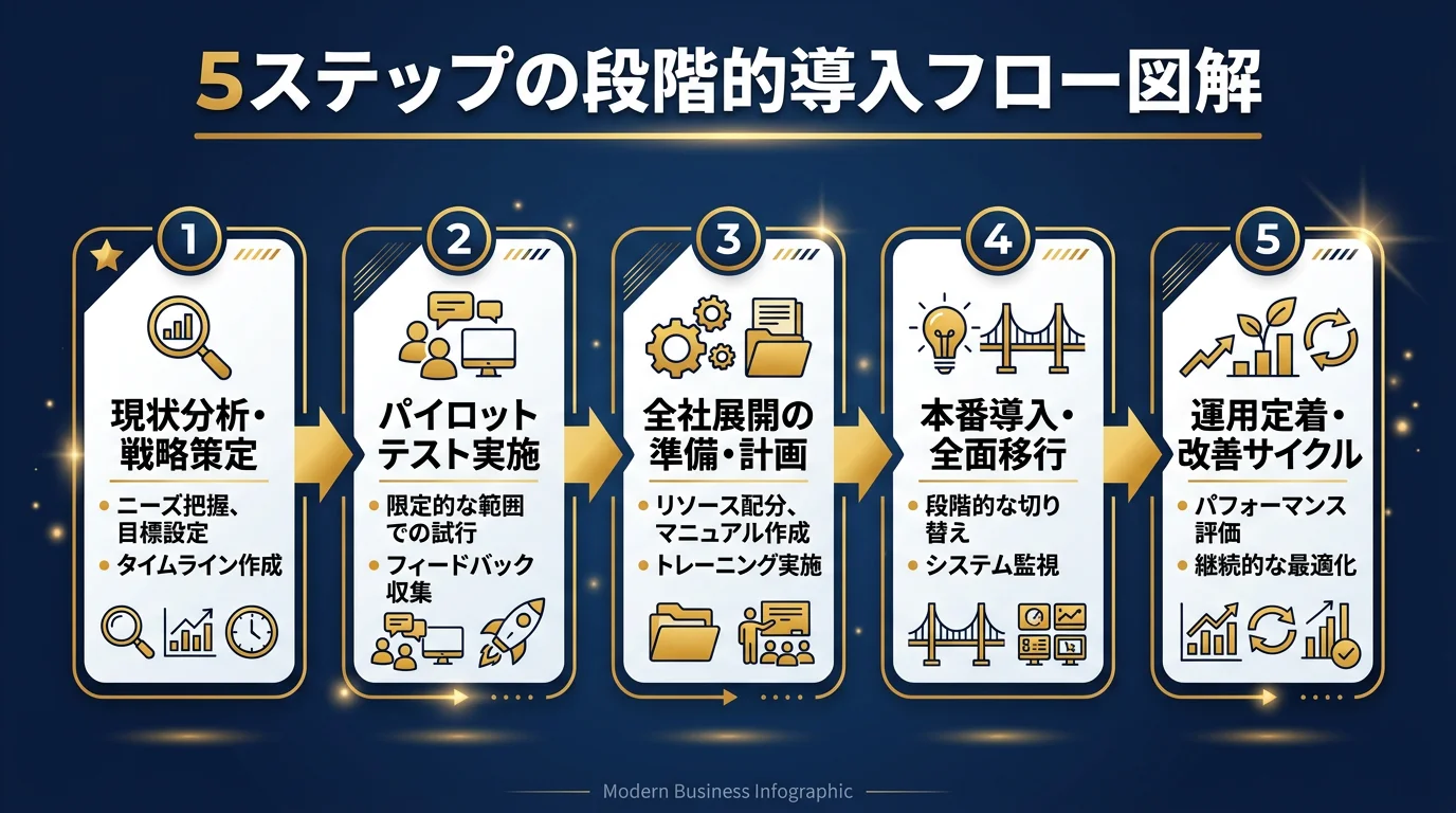 5ステップの段階的導入フローを図解