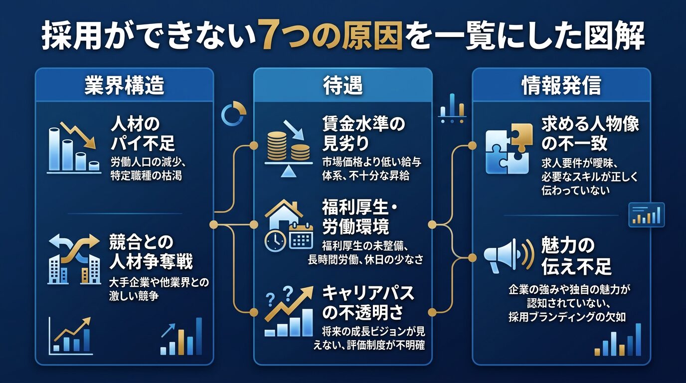 採用ができない7つの原因を一覧にした図解。業界構造・待遇・情報発信の3カテゴリに分類