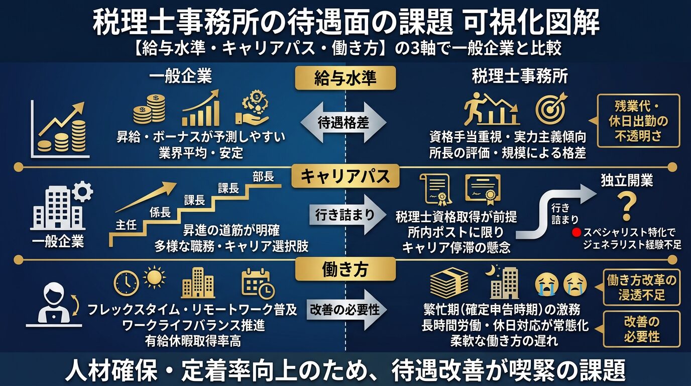 税理士事務所の待遇面の課題を可視化した図解。給与水準、キャリアパス、働き方の3軸で一般企業と比較