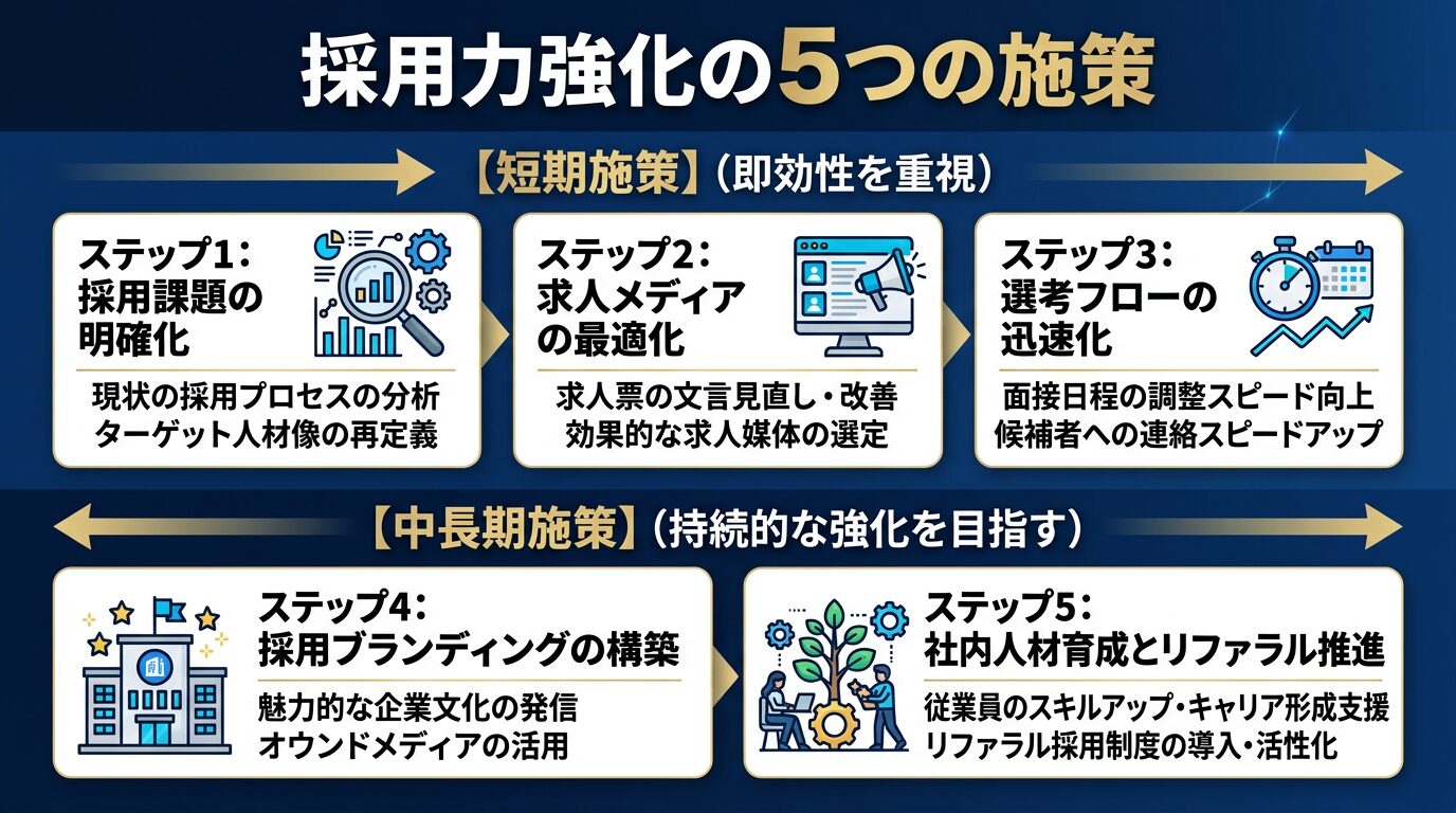採用力強化の5つの施策をステップ形式で示した図解。短期施策と中長期施策を分けて表示