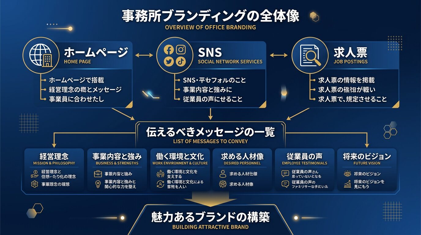 事務所ブランディングの全体像を示した図解。ホームページ・SNS・求人票の3つの接点と、伝えるべきメッセージの一覧