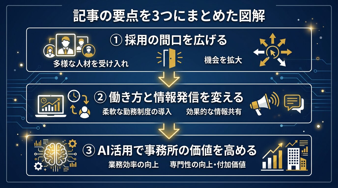記事の要点を3つにまとめた図解。①採用の間口を広げる ②働き方と情報発信を変える ③AI活用で事務所の価値を高める