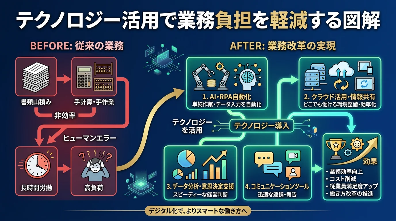 テクノロジー活用で業務負担を軽減する図解