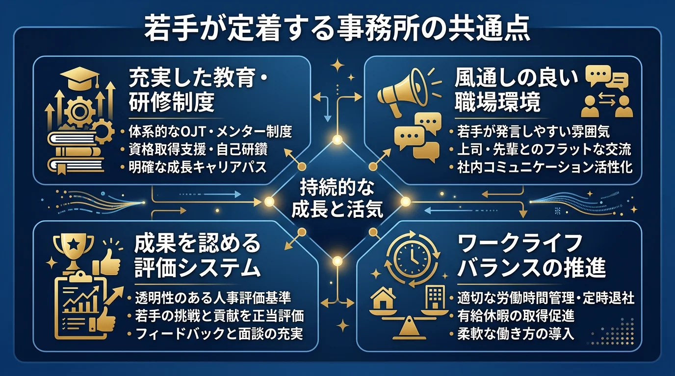 若手が定着する事務所の共通点の図解