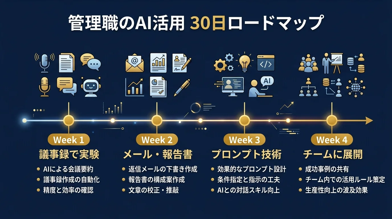 管理職のAI活用30日ロードマップのタイムライン図解