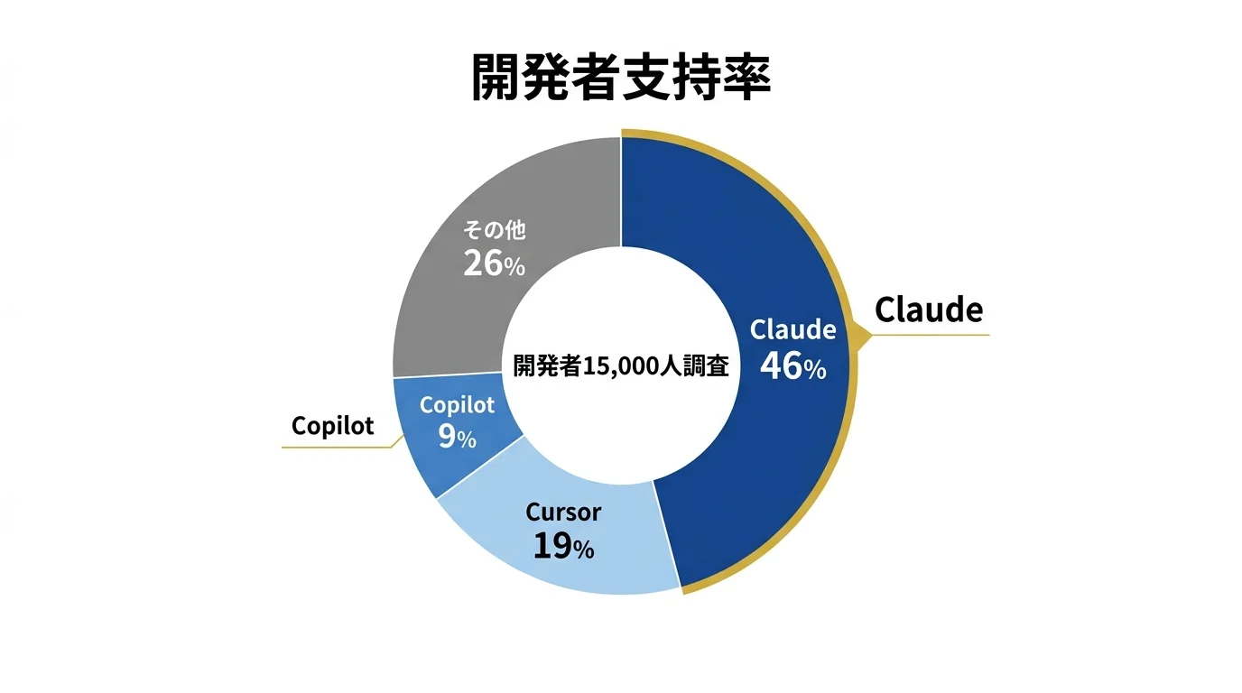 開発者15,000人調査の支持率（Claude 46%）