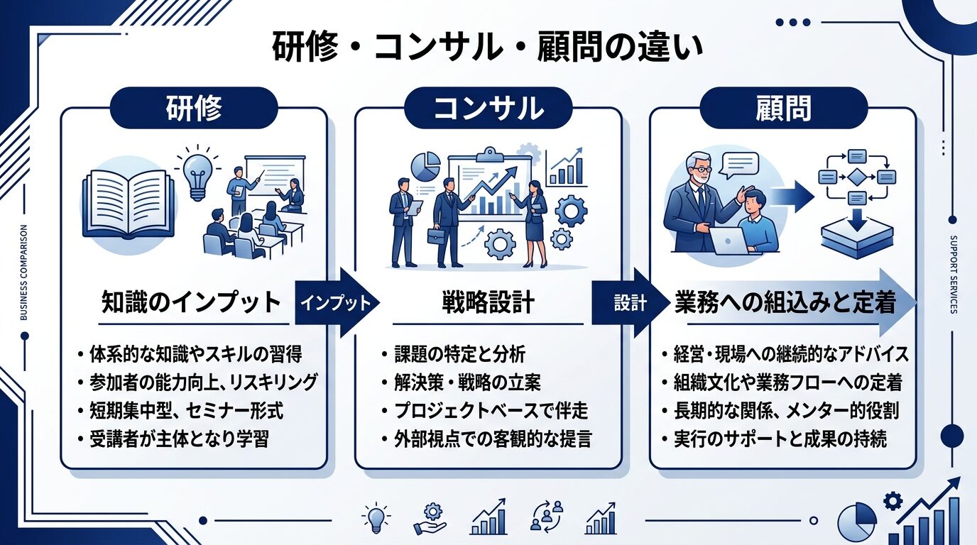 研修・コンサル・顧問の違い
