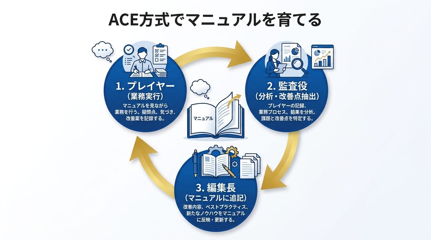 ACE方式でマニュアルを育てる循環図
