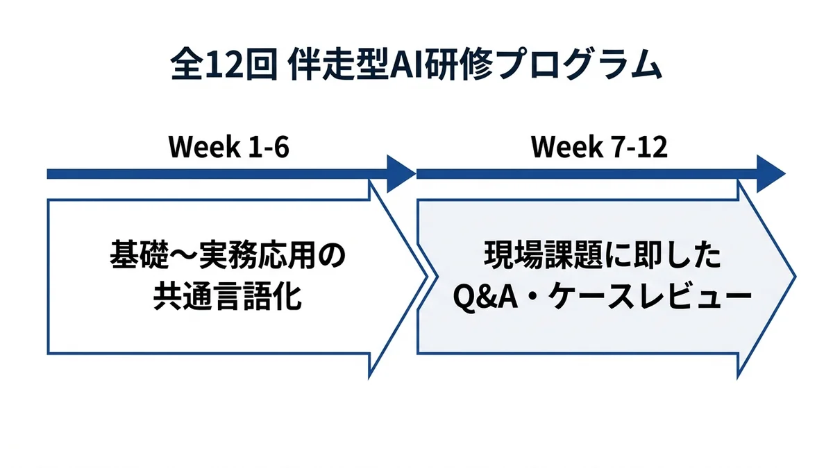 全12回の伴走型AI研修プログラム 前半は共通言語化 後半は現場課題Q&A