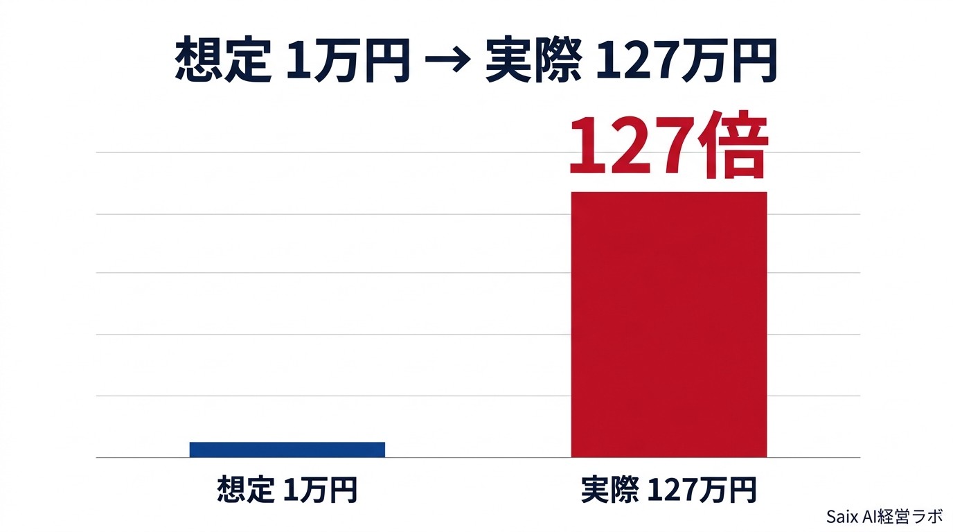 想定1万円が実際127万円になったAPI課金の127倍棒グラフ