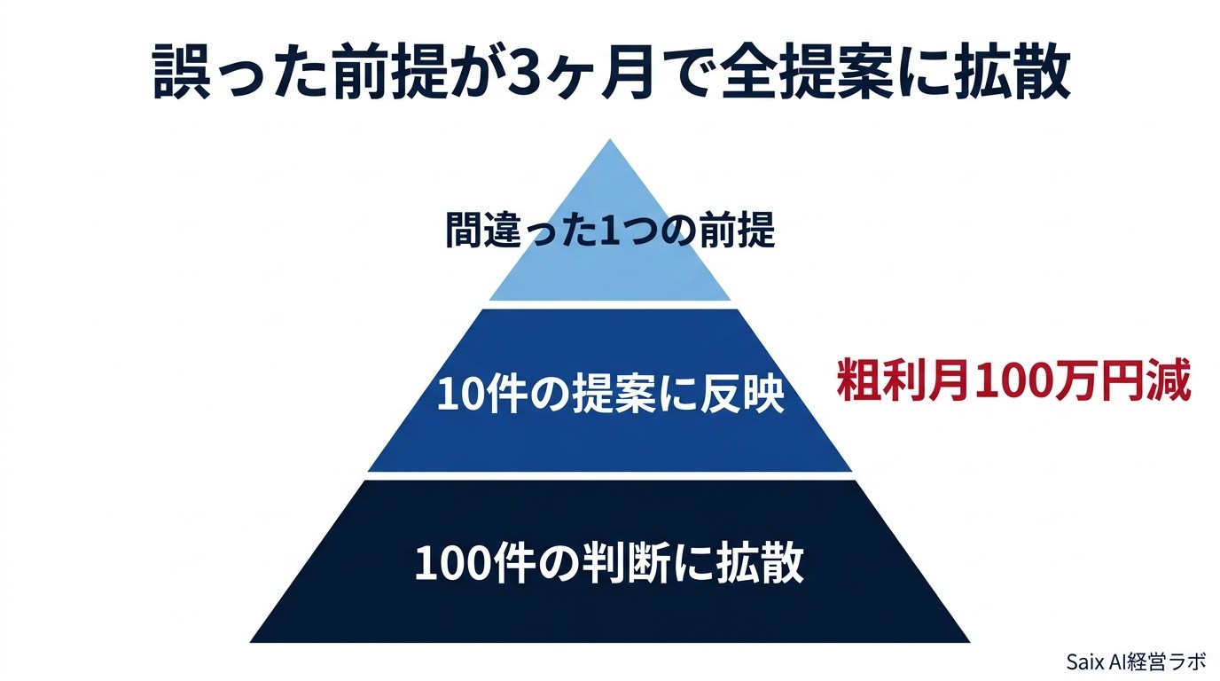 誤った前提が3ヶ月で全提案に拡散するピラミッド図