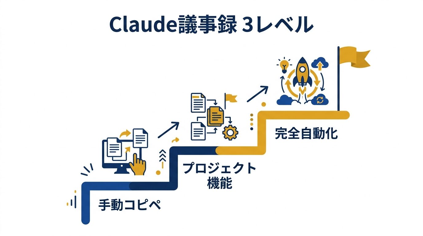 Claude議事録自動化の3レベル（手動コピペ→プロジェクト機能→完全自動化）